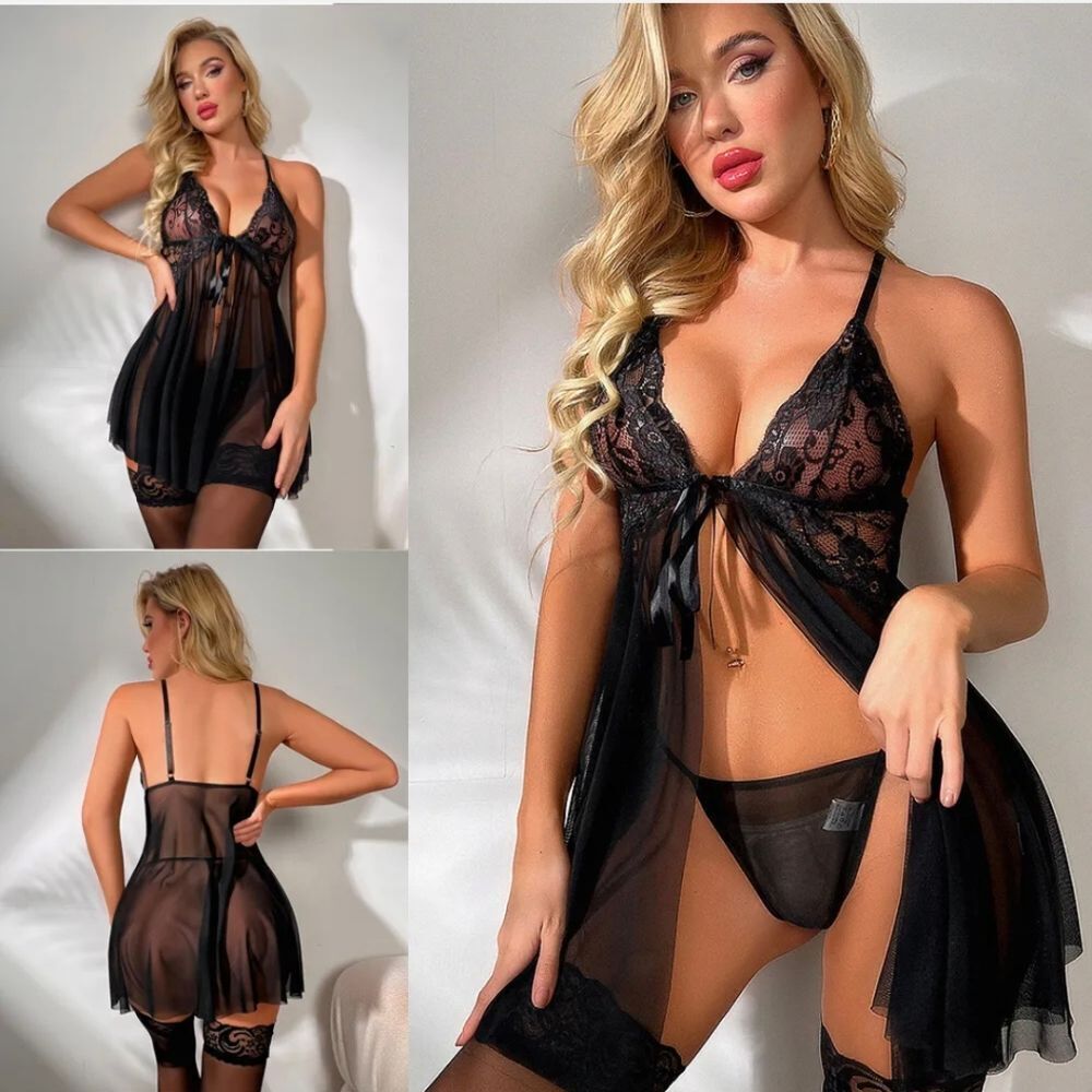 Black Sexy Lingerie Women Lace Babydoll Chemise Sleepwear Underwear Stockings US